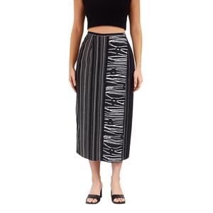1990s Vintage Wrap Midi Skirt Abstract Striped Print Size Small Black Off White